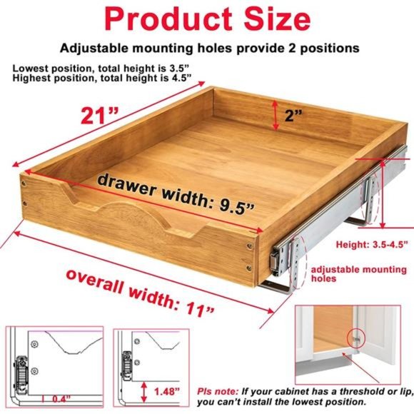1 Tier Pull Out Cabinet Organizer 11" W x 21" D Under Cabinet Shelf Organization - Picture 3 of 7